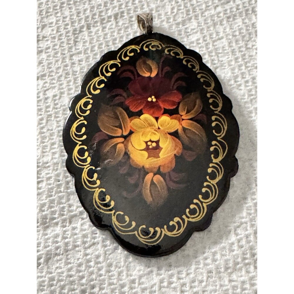 Vintage Signed Russian Lacquer Floral Pendant Necklace Hand Painted 925 Bale